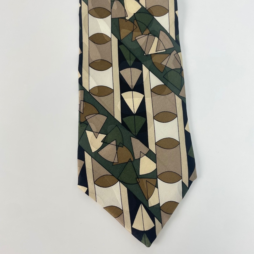 Vintage 90s Silk Tie Abstract Bachrach Screenplay by Martin Wong Geometric Olive - Picture 1 of 12